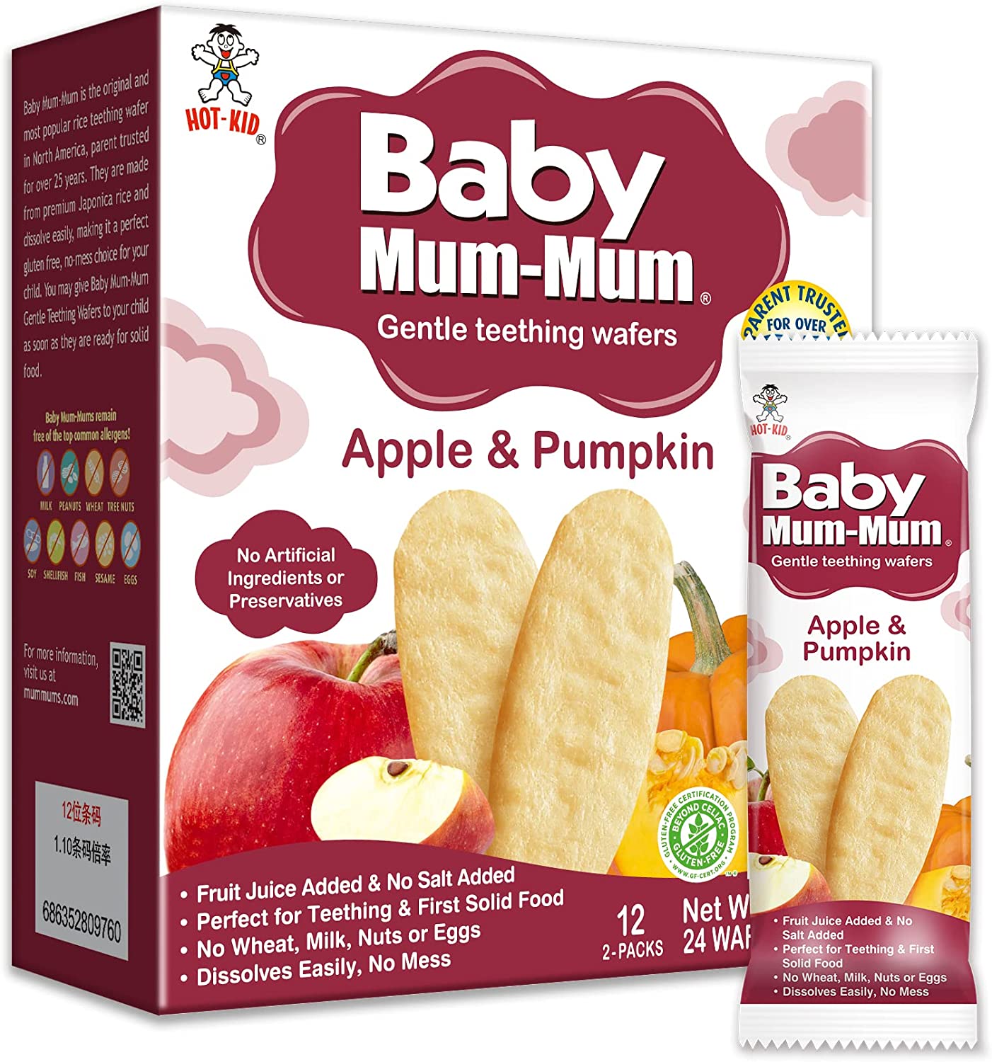Baby Mum-Mum Rice Rusks, Apple & Pumpkin, 24 Pieces (Pack of 6) Gluten Free, Allergen Free, Non-GMO, Rice Teether Cookie for Teething Infants