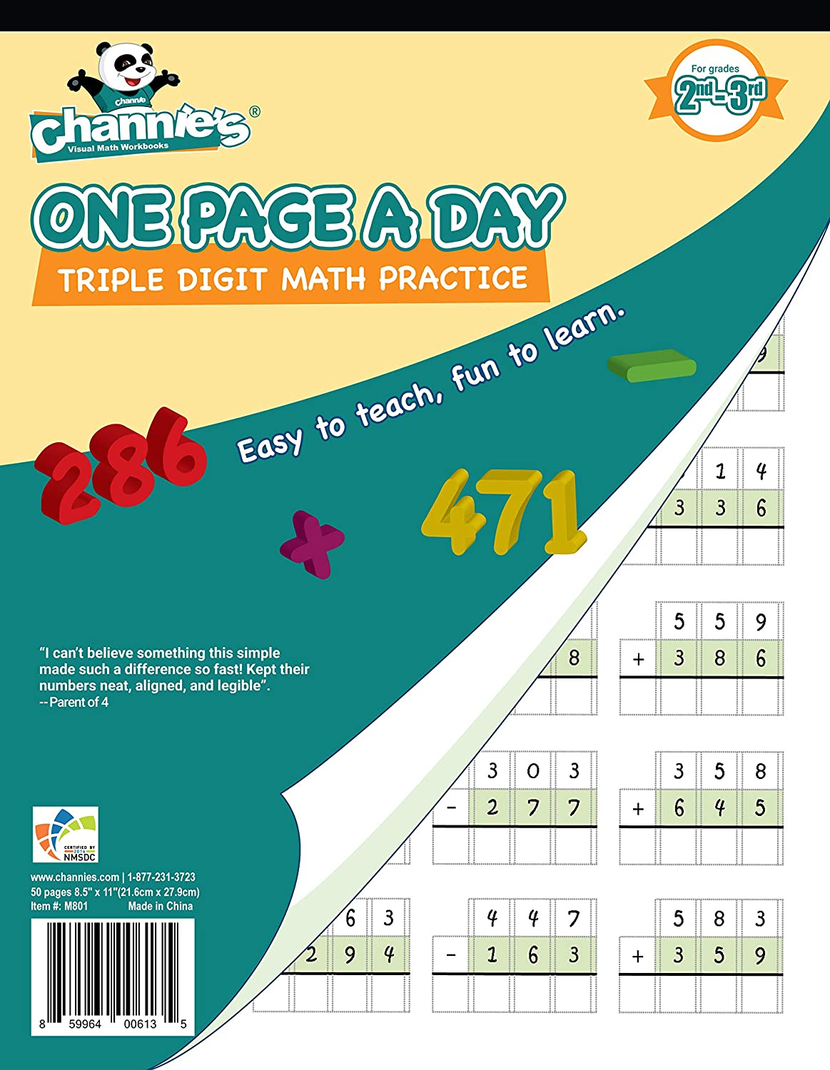 Channie’s One Page A Day Math Workbook, Triple Digit Math Practice Worksheets, 50 Pages Front and Back, 25 Sheets, Grades 2nd and 3rd, Addition and Subtraction workbook, Size 8.5” x 11”