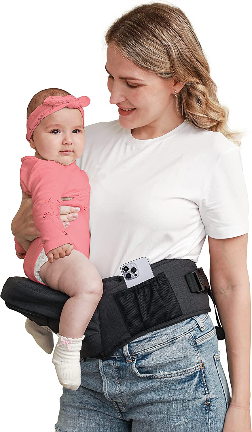 BABYMUST Hip Seat Baby Carrier, Advanced Adjustable Waistband &Various Pockets, Ergonomic Carrier for Newborns to Toddlers up to 66lbs, Black