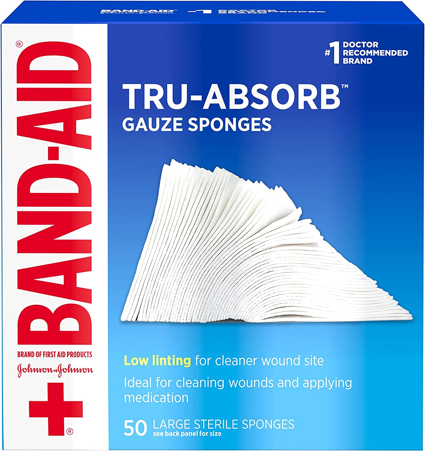 Band Aid Brand First Aid Products Tru-Absorb Sterile Gauze Sponges for Cleaning and Cushioning Minor Wounds, Cuts & Burns, Low-Lint Design, Individually Wrapped 4 in by 4 in Pads