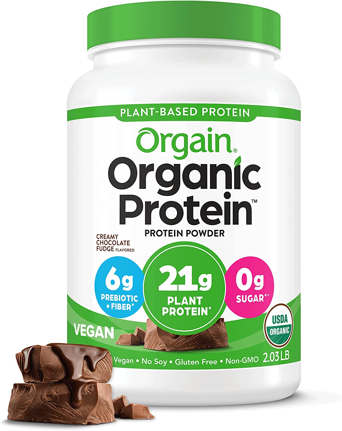 Orgain Organic Vegan Protein Powder, Creamy Chocolate Fudge – 21g of Plant Based Protein, Low Net Carbs, Non Dairy, Gluten Free, No Sugar Added, Soy Free, Kosher, Non-GMO, 2.03 Lb (Packaging May Vary)