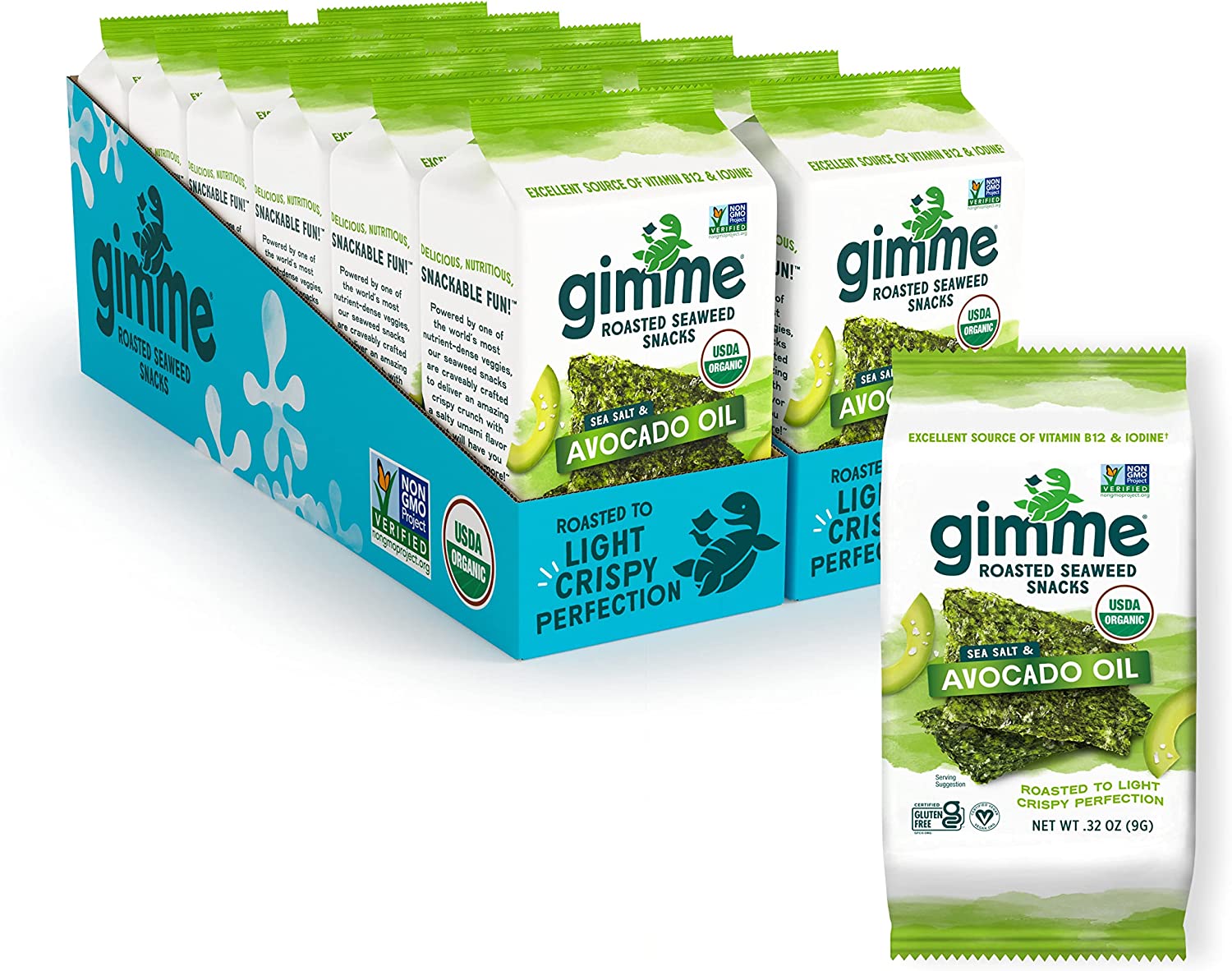 gimMe – Sea Salt & Avocado Oil – 12 Count Sharing Size – Organic Roasted Seaweed Sheets – Keto, Vegan, Gluten Free – Great Source of Iodine & Omega 3’s – Healthy On-The-Go Snack for Kids & Adults