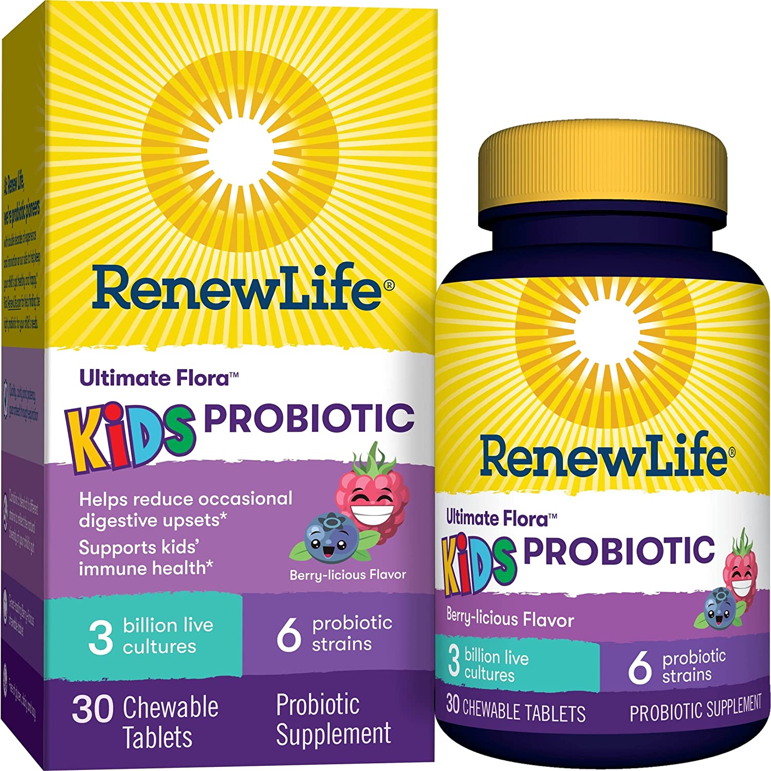 Renew Life Probiotics for Kids, 3 Billion CFU Guaranteed, Supports Digestive and Immune Health, Gluten, Dairy & Soy Free, Berry-licious flavor, 30 Chewable Tablets