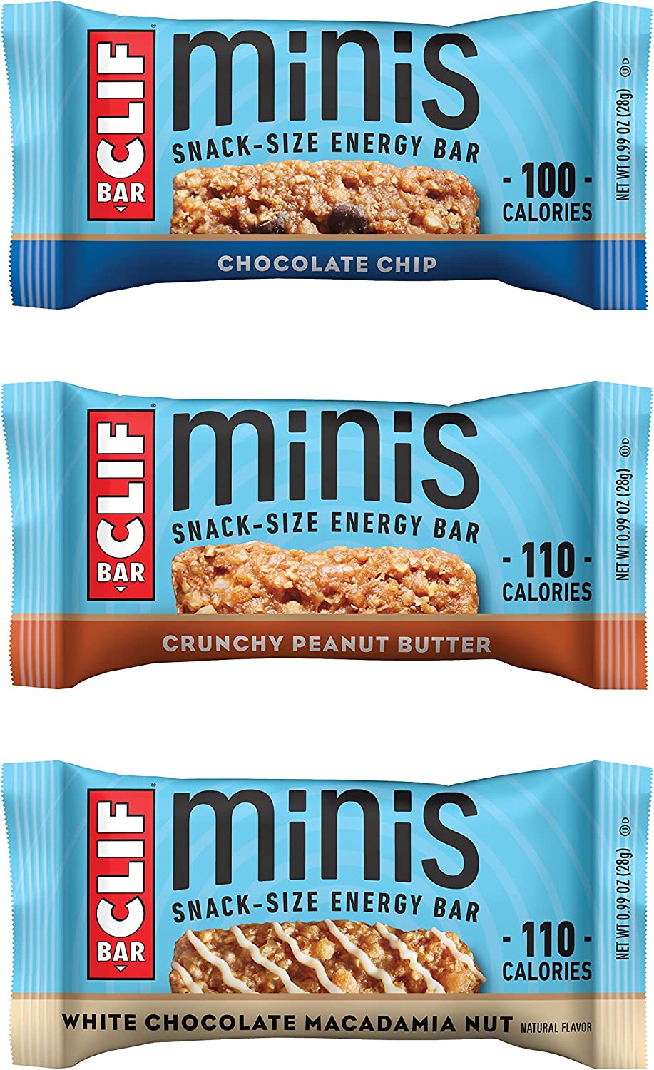 CLIF BARS – Mini Energy Bar Variety Pack – Chocolate Chip, Crunchy Peanut Butter, White Chocolate Macadamia Nut – Made with Organic Oats – Plant Based (0.99 Oz Snack Bar, 30 Count) Packaging May Vary