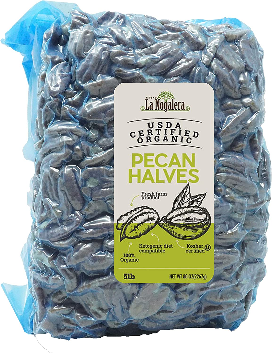 La Nogalera Organic Pecans – USDA Certified Organic Halves in 5 lbs vacuum sealed bag. Pecan nut halves, No Shell, Non-GMO, No Preservatives, Unpasteurized, Kosher and Halal and Ketogenic friendly