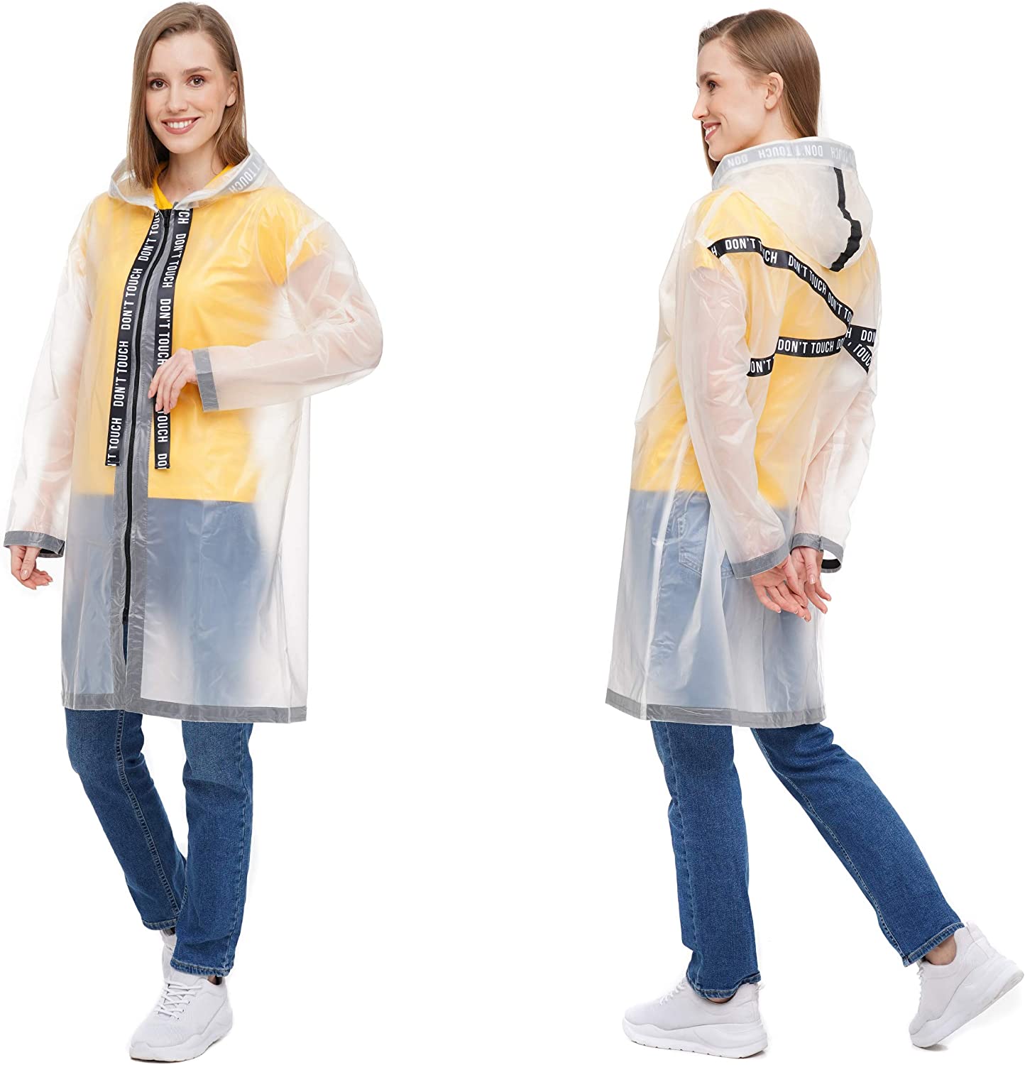 Drydope Clear Raincoats For Adults Women – Disposable Rain Ponchos For Adults Reusable – Eva Disney Poncho,Milky Transparent With Stripes Don’t Touch,Medium