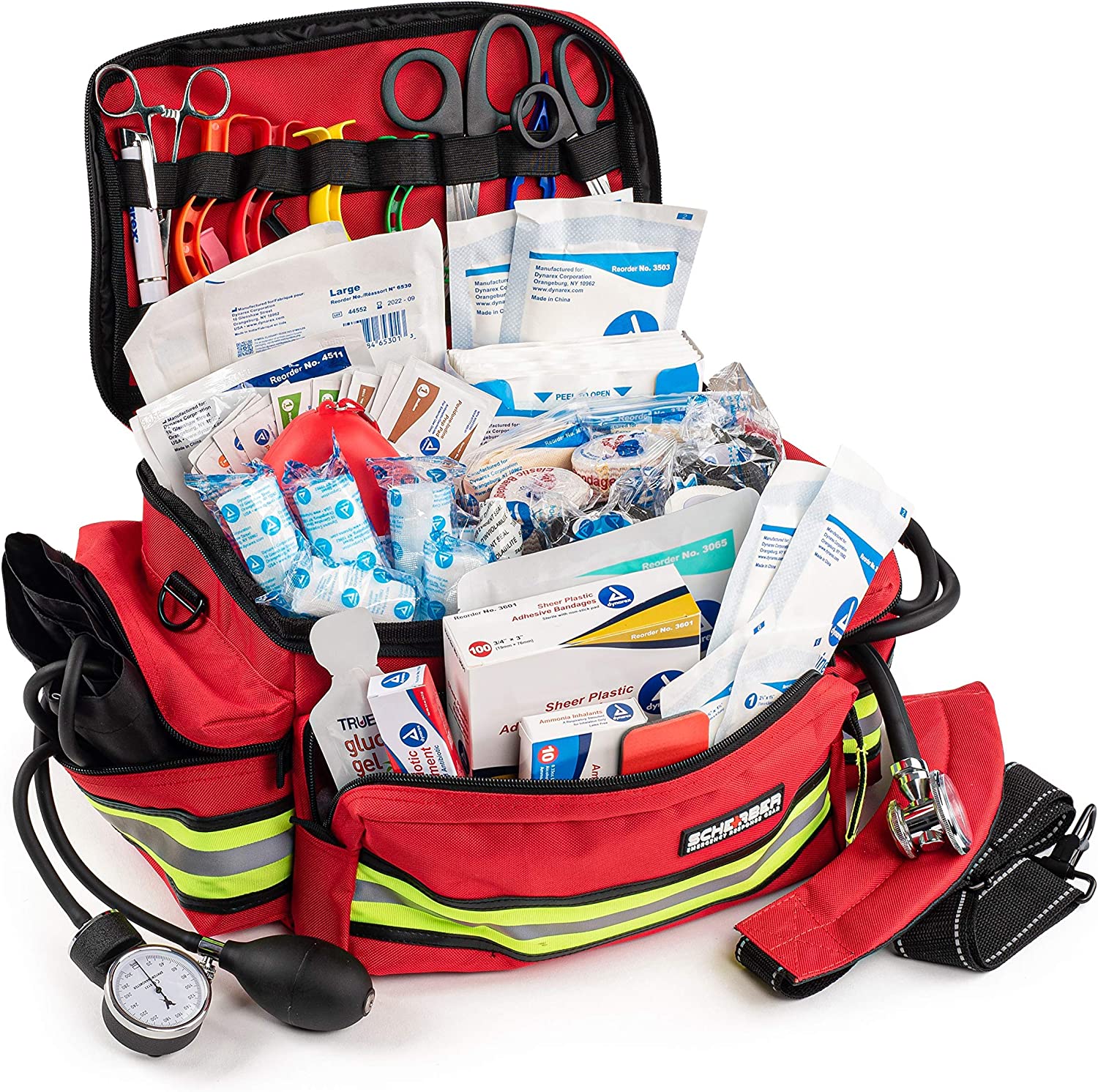 Scherber First Responder Bag | Fully-Stocked Professional Essentials EMT/EMS Trauma Kit | Reflective Bag w/8 Zippered Pockets & Compartments, Shoulder Strap & 200+ First Aid Supplies – Red