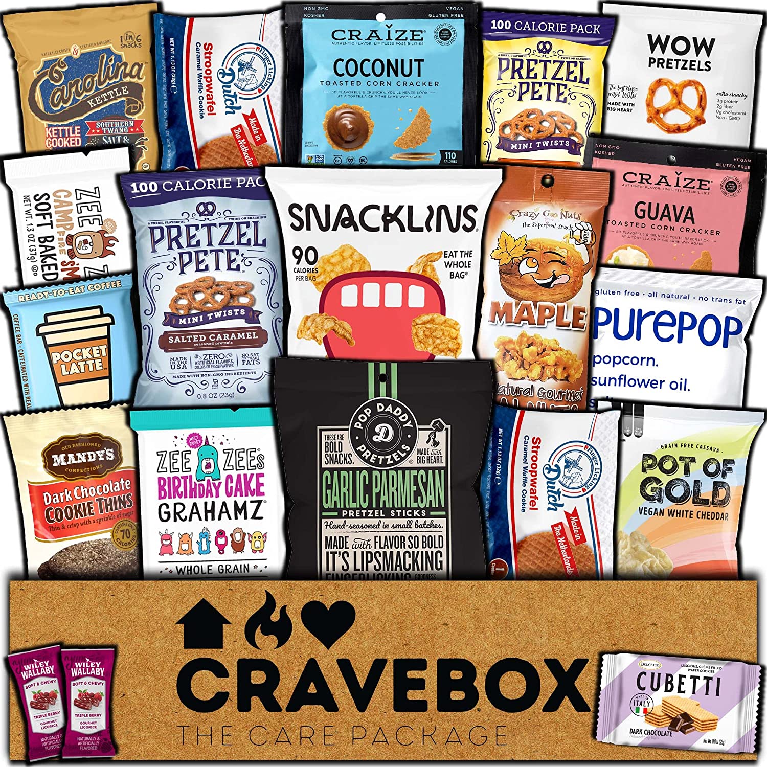 CRAVEBOX Valentines Day Gourmet Specialty Snacks Box Care Package (20ct) Boxes for College Students Adults Healthy Cookies Bar Organic Variety Gift Pack Assortment Basket Mix Sampler Treat Final Exam Office Men Women