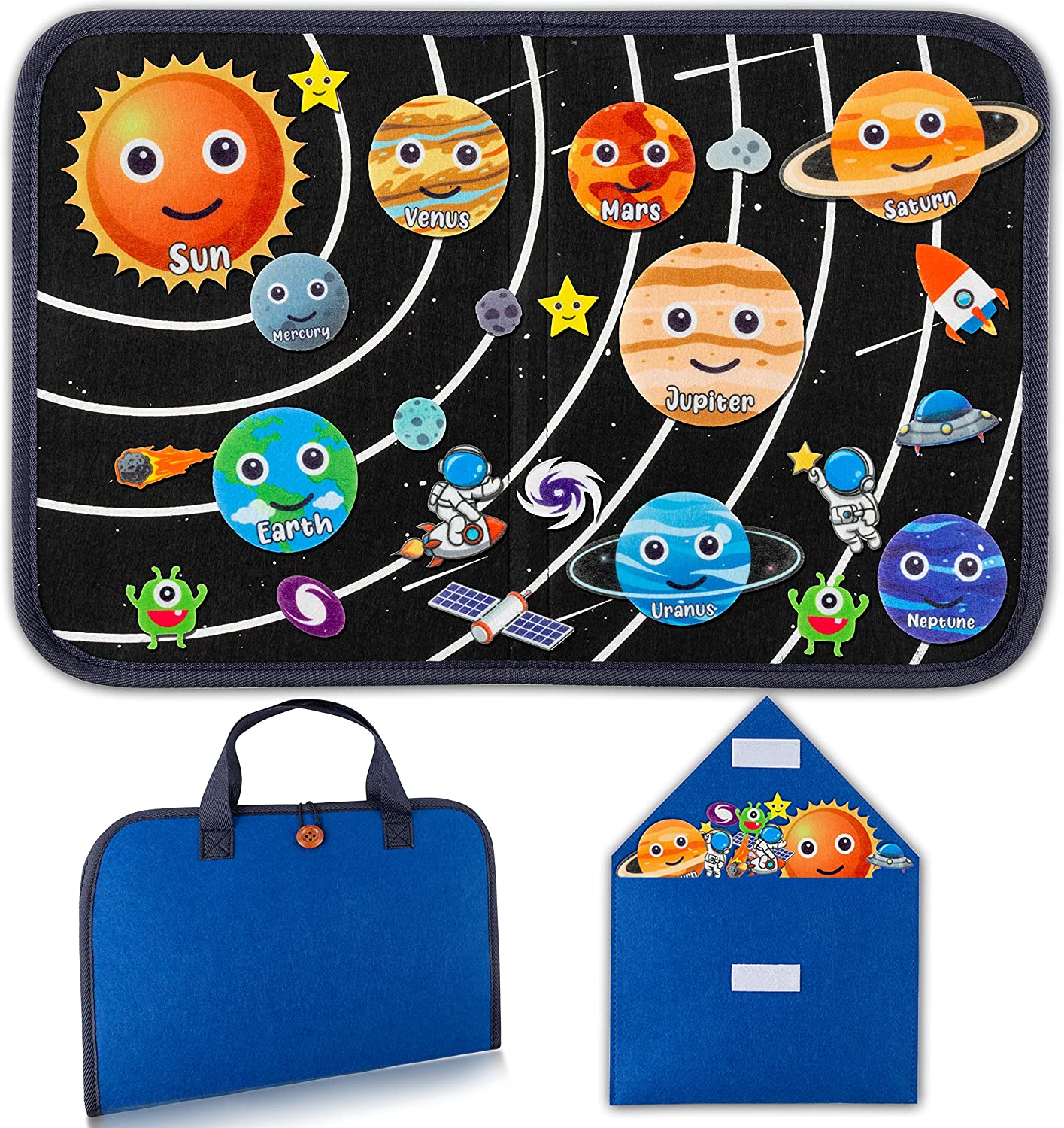 WATINC 25Pcs Outer Space Travel Felt-Board Story Set Portable Felt Board Solar System Universe Storytelling Planets Astronaut Galaxy Themed Preschool Early Learning Interactive Play Kit for Toddlers