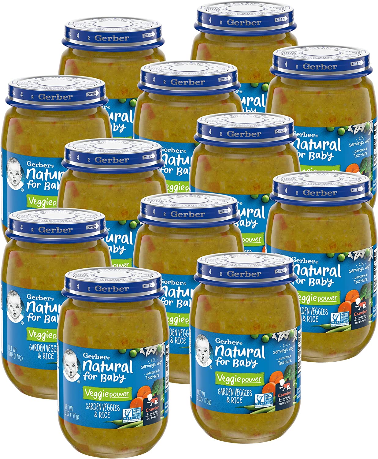 Gerber Natural for Baby 3rd Foods Veggie Power Baby Food Jar, Garden Veggies & Rice, Non GMO Pureed Baby Food with Advanced Texture for Crawlers, 6 oz (Pack of 12)