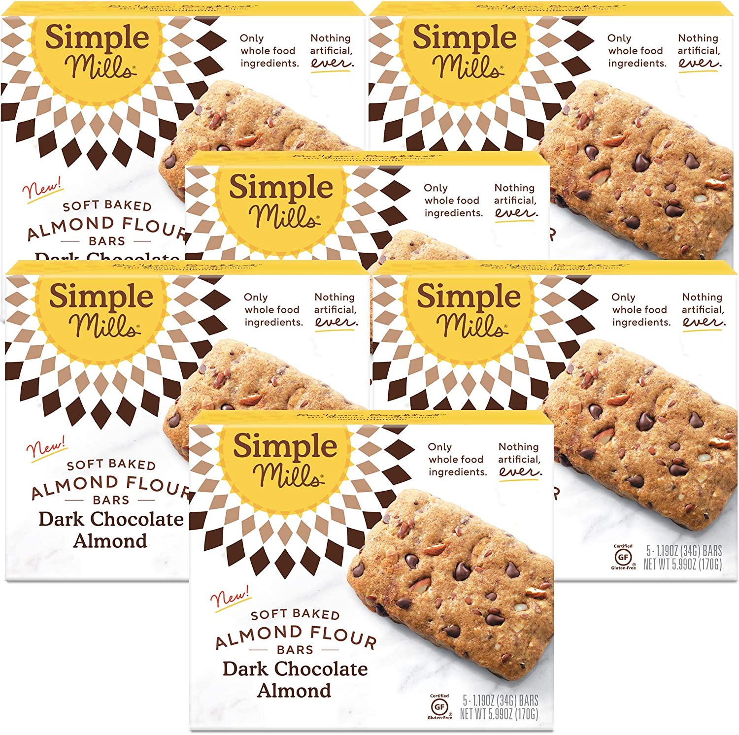 Simple Mills Almond Flour Snack Bars, Dark Chocolate Almond – Gluten Free, Made with Organic Coconut Oil, Breakfast Bars, Healthy Snacks, Paleo Friendly, 6 Ounce (Pack of 6)