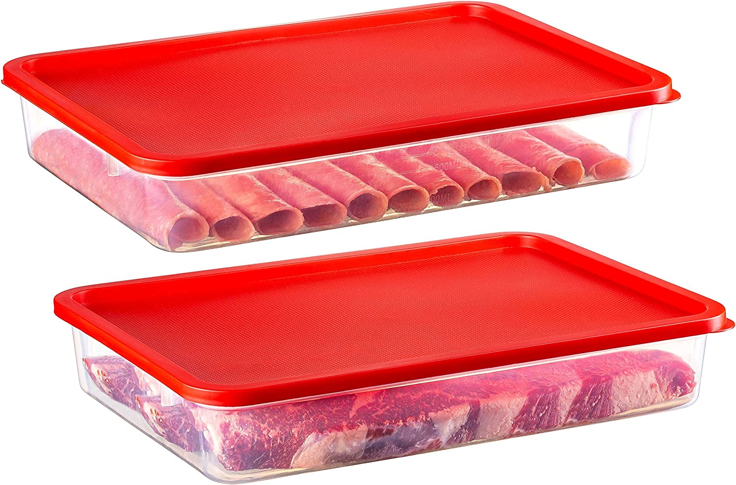 2 Pack – Zilpoo Plastic Bacon Keeper, Deli Meat Saver Cold Cuts Cheese Food Storage Container with Lid for Refrigerator, Shallow Low Profile Christmas Cookie Holder, 84 oz.