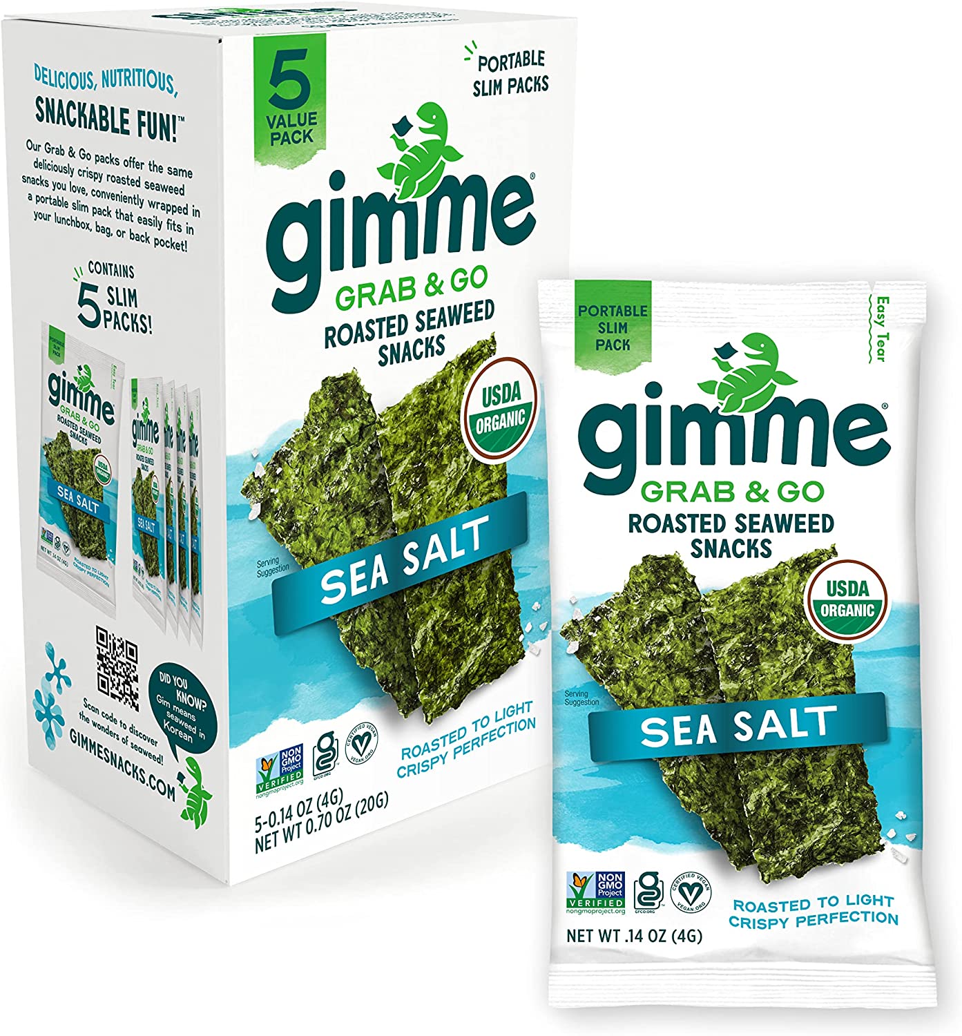 gimMe Grab & Go – Sea Salt – 5 Count – Organic Roasted Seaweed Sheets – Keto Vegan Gluten Free – Great Source of Iodine & Omega 3’s – Healthy On-The-Go Snack for Kids Adults