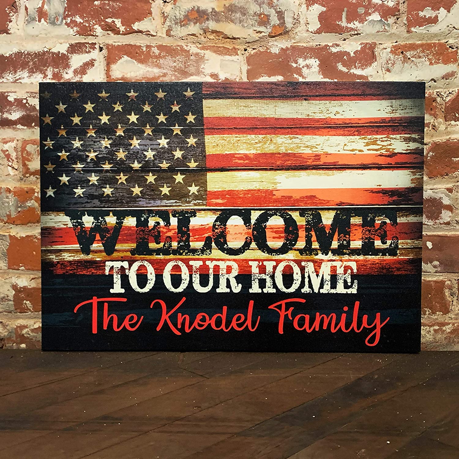 Rustic American Flag Family Christmas Gift, Wall Decor, Custom Welcome Sign, Personalized Canvas, United States, Farmhouse Style, Made in the USA