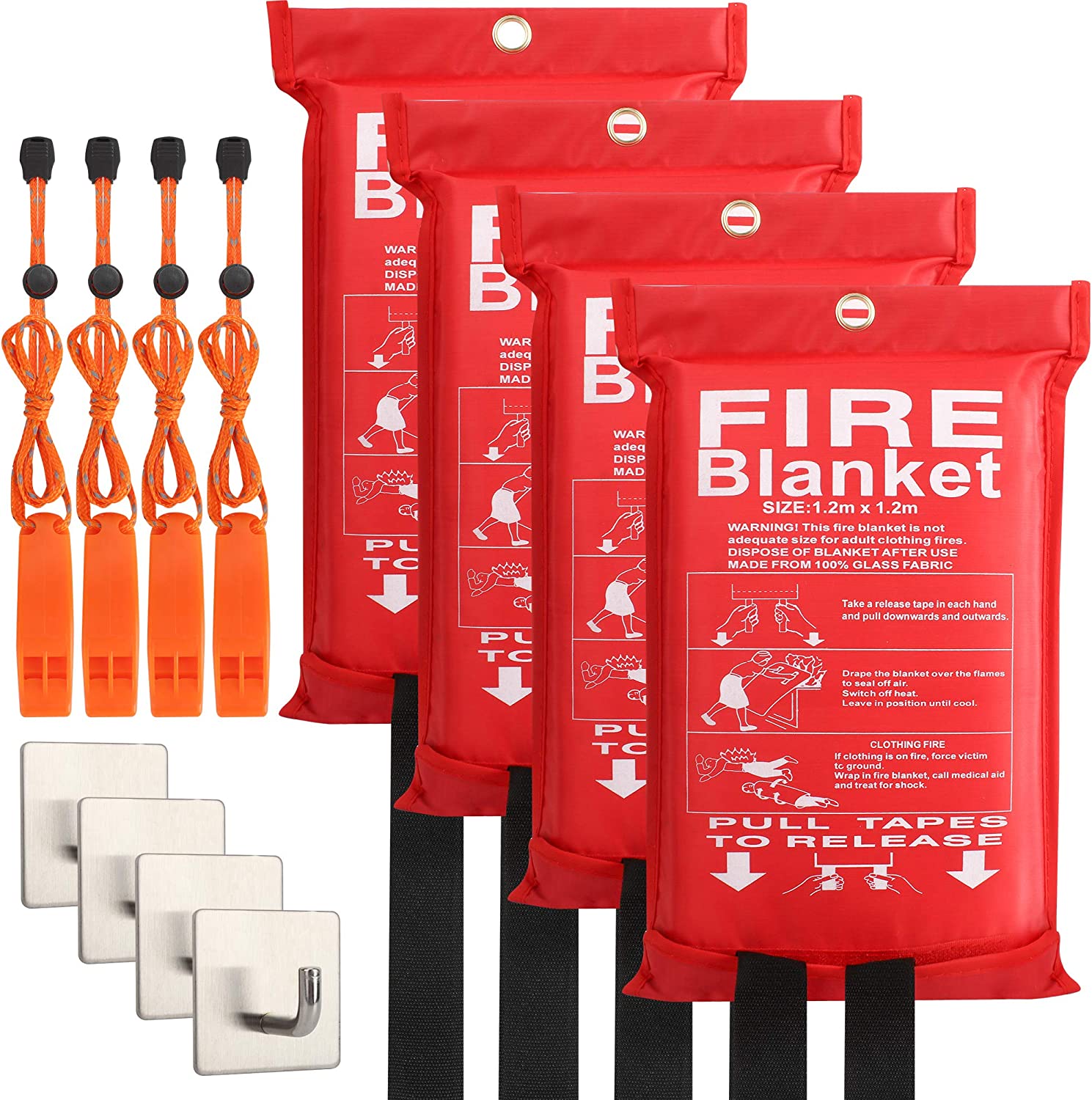 4-Pack Fire Blanket – X-Large Fiberglass Fire Blanket Fire Suppression Blanket – Fire Blankets Emergency for People – Fire Safety Blanket with Emergency Whistles – Fireblanket for Kitchen, Home