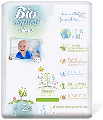 SOHO, Bio-Natural Sleepy Baby Diapers, Made from Organic Cotton and Bamboo Extract, Ultimate Comfort and Dryness, Wetness Indicator, Comes with The Baby Wipes, (4 Maxi 15-35 Lbs Count- 24 PCs)