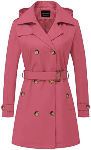 CREATMO US Women’s Trench Coat Double-Breasted Classic Lapel Overcoat Belted Slim Outerwear Coat with Detachable Hood