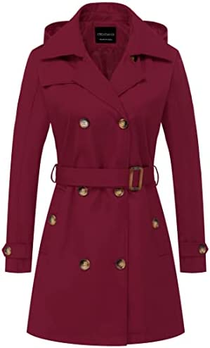 CREATMO US Women’s Trench Coat Double-Breasted Classic Lapel Overcoat Belted Slim Outerwear Coat with Detachable Hood