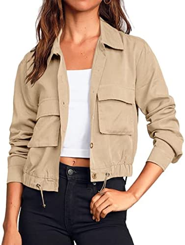 Onedreamer Women’s Military Safari Cropped Jackets Button Down Lightweight Oversized Utility Anorak Coat with Pockets