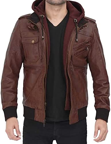 Kordovan Men’s Dark Brown Bomber 100% Genuine Leather Jacket With Removable Hood