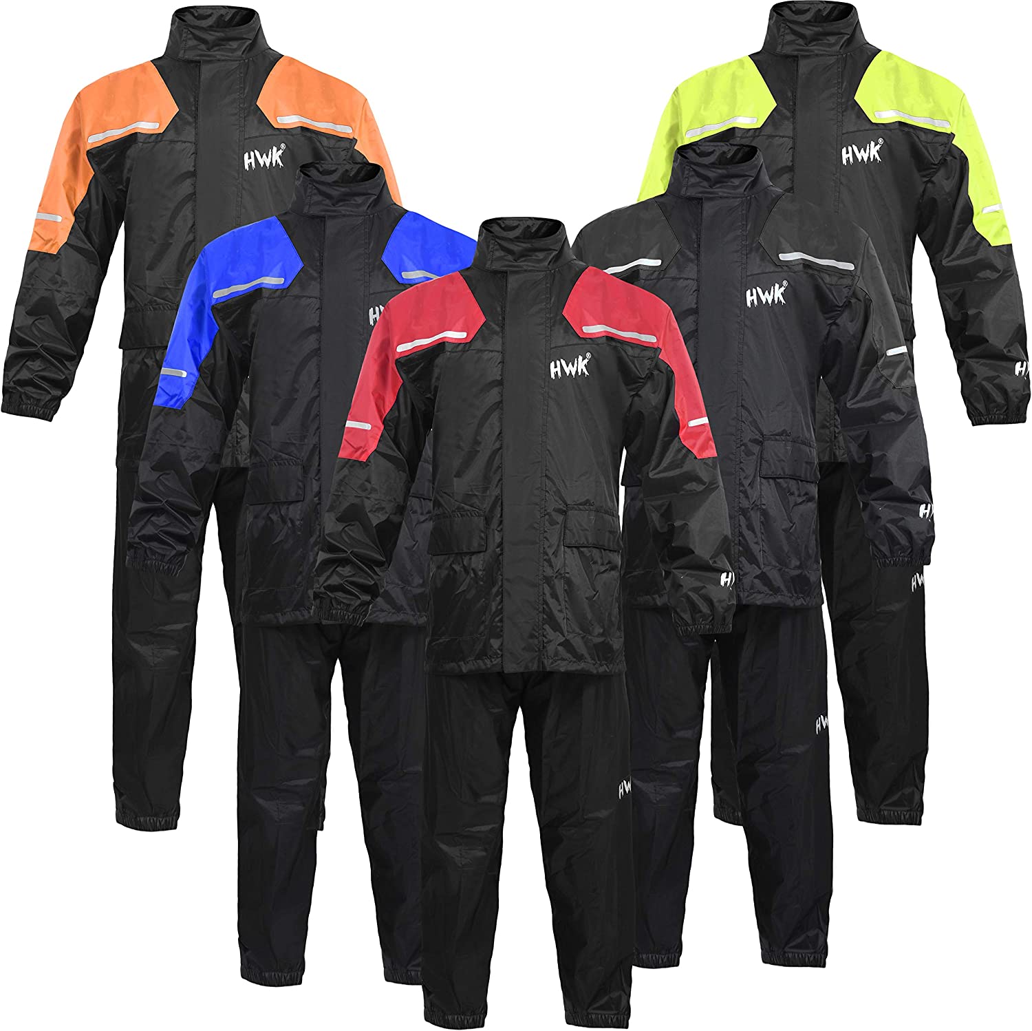 HWK Motorcycle Rain Suit For Men & Women Gear Jackets & Pants Reflective Waterproof Rainsuit (Black, Small)