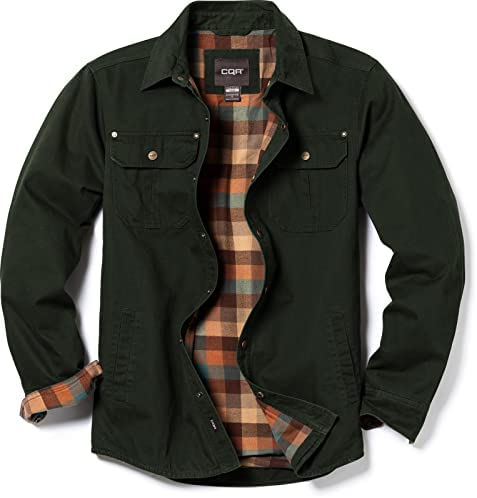 CQR Men’s Twill All Cotton Flannel Lined Shirt Jacket, Soft Brushed Outdoor Shirt Jacket