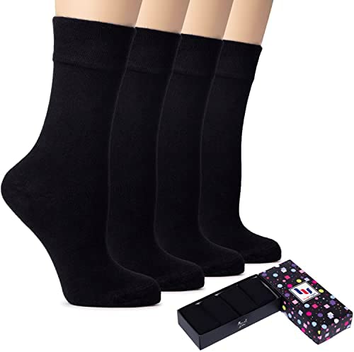 HUGH UGOLI Women’s Bamboo Thin Crew Socks for Dress Business & Trouser, Seamless Toe, 4 Pairs in Gift Box, Shoe Size 5-8/8-11
