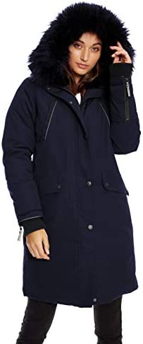 Women’s Navy Vegan Down Long Parka Jacket – Water Repellent, Windproof, Warm Insulated Winter Coat with Faux Fur Hood