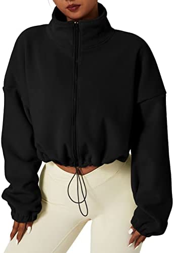 QINSEN Women’s Full Zip Fleece Short Jacket Warm Winter Long Sleeve Stand Collar Sherpa Crop Coat