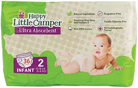 Happy Little Camper Natural Diapers, Disposable Cotton Baby Diapers with Aloe, Ultra-Absorbent, Hypoallergenic and Fragrance Free for Sensitive Skin, Size 2 (12-18 lbs), 36 Count