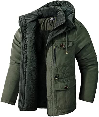 Angugu Winter Jackets for Men Warm Casual Outerwear Long Sleeve Shirts Lightweight Cotton Lined Coats Zipper Multiple Pockets
