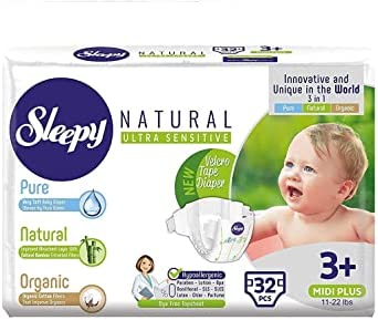SOHO|Sleepy Natural Baby Diapers, Made from Organic Cotton and Bamboo Extract, Ultimate Comfort and Dryness, Disposable Diapers Snuggle Diaper (Size 3+ | 32 Count | Child Weight 11-22 lbs)