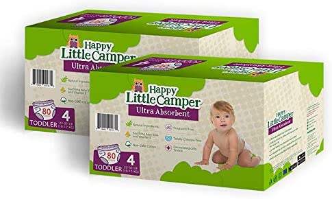 Happy Little Camper Natural Diapers, Size 4 (22-37lb) – Ultra-Absorbent Natural Disposable Baby Diapers, Fragrance-Free, Chlorine-Free for Sensitive Skin, 160 Count (2 Boxes of 80 Count Each)