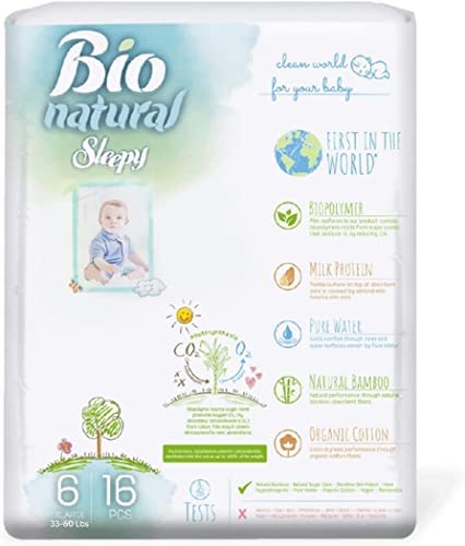 SOHO, Bio-Natural Sleepy Baby Diapers, Made from Organic Cotton and Bamboo Extract, Ultimate Comfort and Dryness, Wetness Indicator, Comes with The Baby Wipes, (6 X Large 33-60 Lbs Count- 16 PCS)