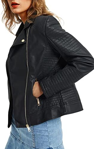Geschallino Women Faux Leather Casual Short Jacket, Trendy Moto Biker Coat with Zipper Pockets for Spring and Fall