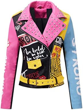 Bellivera Faux Leather Jacket for Women Studded Rivet Floral Moto Biker Short Lapel Coat