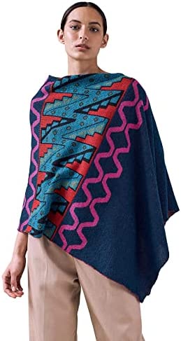 Sol Alpaca Multicolor sorruonded Peruvian Baby Alpaca Knitted Poncho for women (Cobalt Blue)