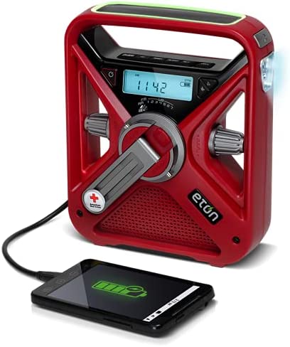 Eton – American Red Cross FRX3+ Emergency NOAA Weather Radio, Red, Digital Display, Hand Turbine, Solar Power, Red LED Flashing Beacon, 7 NOAA/Environment Canada Weather Bands, Phone Charger