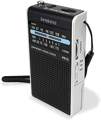Retekess PR15 Pocket NOAA Weather Radio, AM FM Emergency Weather Radio Portable, Little Transistor Radio Powered by AAA Battery for Walking, Camping (Silver Black)