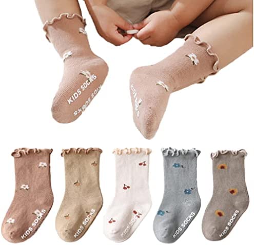 Adeimoo Baby Girl Non Skid Socks Newborn Toddler Frilly Ruffle Socks Infant Anti Slip Cotton Sock 5 Pairs