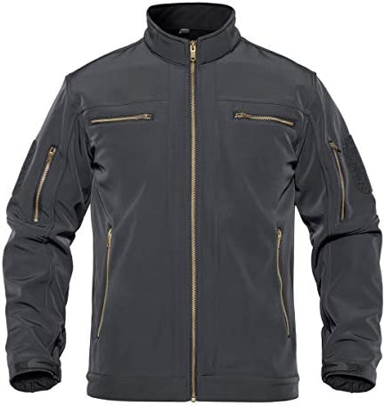 TACVASEN Men’s Tactical Jacket Stand Collar Water Resistant Softshell Fleece Liner Jacket Coat with 6 Zipper Pockets