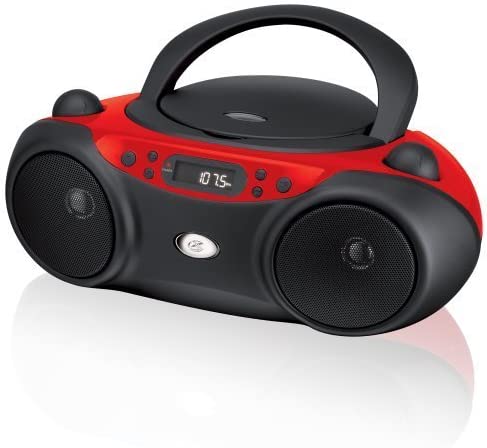 GPX, Inc. Portable Top-Loading CD Boombox with AM/FM Radio and 3.5mm Line In for MP3 Device – Red/Black