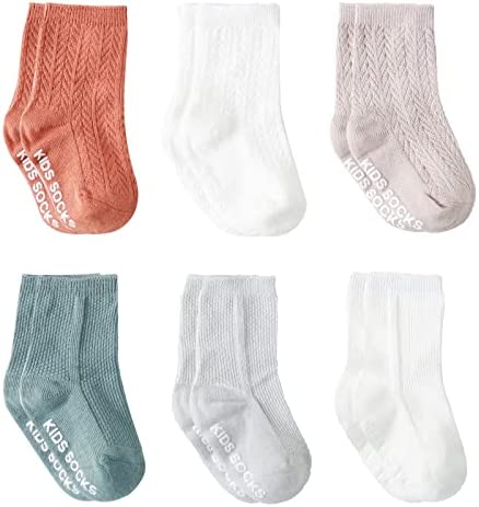 Baby Girl Boy Crew Socks with Grips Toddler Infant Non Skid Cotton Socks 6 Pack, Assorted Color, 6-12 Months, 1-3T