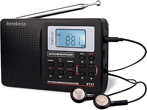 Retekess V111 Shortwave Radio, Portable Digital Radio Stereo Voice, Battery Operated with Favorite Key and Earphone Digital Alarm Clock for Hiking Walking