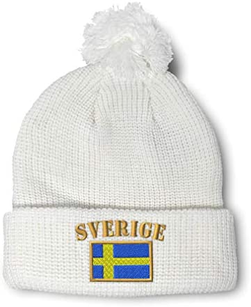 Pom Pom Beanies for Women Sweden Sverige Flag Embroidery Flags Acrylic Skull Cap