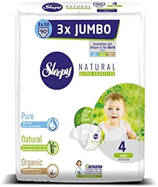 SOHO|Sleepy 3X Jumbo Natural Baby Diapers, Made from Organic Cotton and Bamboo Extract, Ultimate Comfort and Dryness, Diapers 90 Count – Size 4 Maxi Diapers, Child Weight 7-14 kgs (Size 4 Maxi 3X)