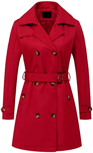 Women’s Double Breasted Trench Coats Mid-Length Belted Overcoat Long Dress Jacket with Detachable Hood