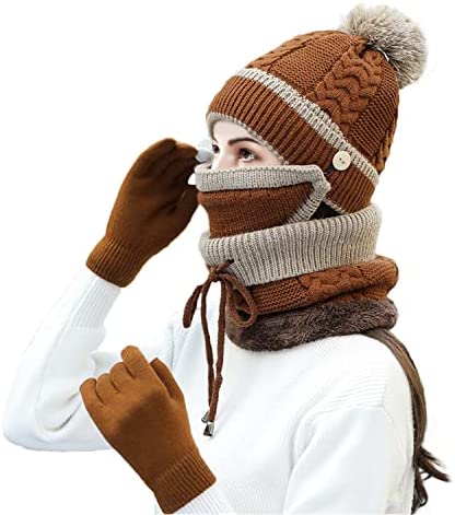 Winter Knit Beanie Hat Scarf Set with Face Cover Touchscreen Gloves for Women, Pom Slouchy Skull Cap with Fleece Lined