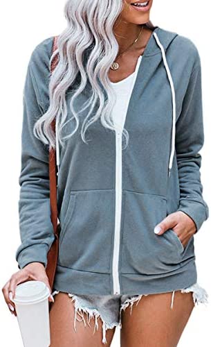 WROLEM Women Casual Full Zip Up Hoodie Comfy Loose Long Sleeve Sweatshirt Solid Color Jacket with Pockets
