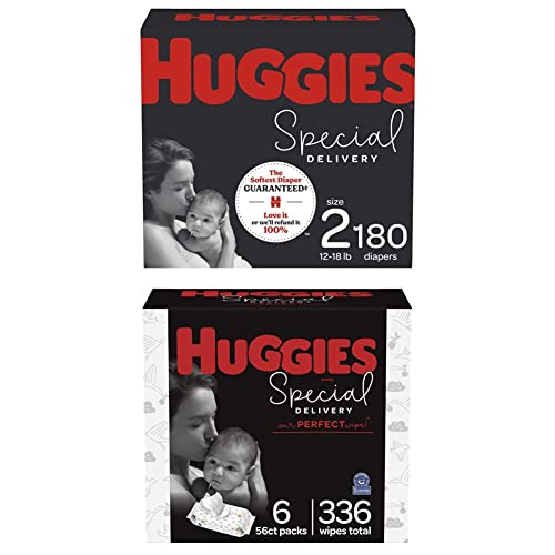 Baby Diapers and Wipes Bundle: Huggies Special Delivery Diapers Size 2, 180ct & Special Delivery Baby Diaper Wipes, Unscented, 6 Push Button Packs (336 Wipes Total)